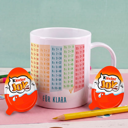 Bruchfeste Tasse zum Schulanfang mit Einmaleins und Wunschtext als Geschenk für Kinder