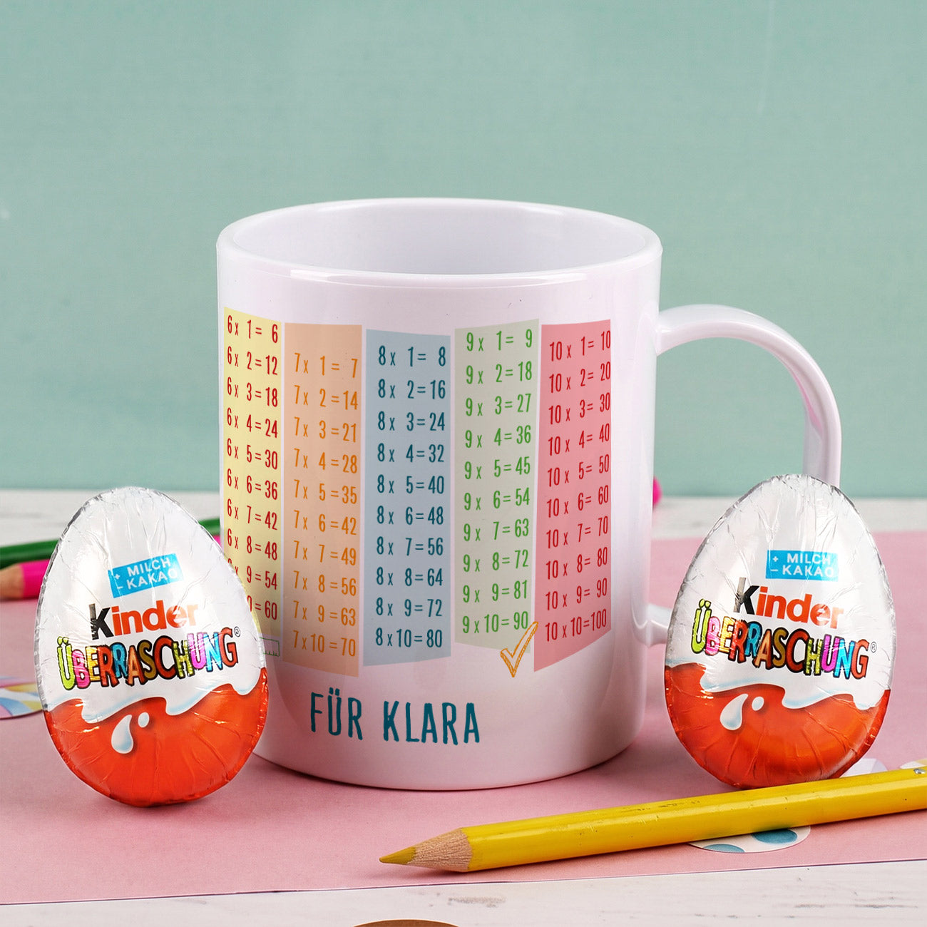 Bruchfeste Tasse zum Schulanfang mit Einmaleins und Wunschtext als Geschenk für Kinder