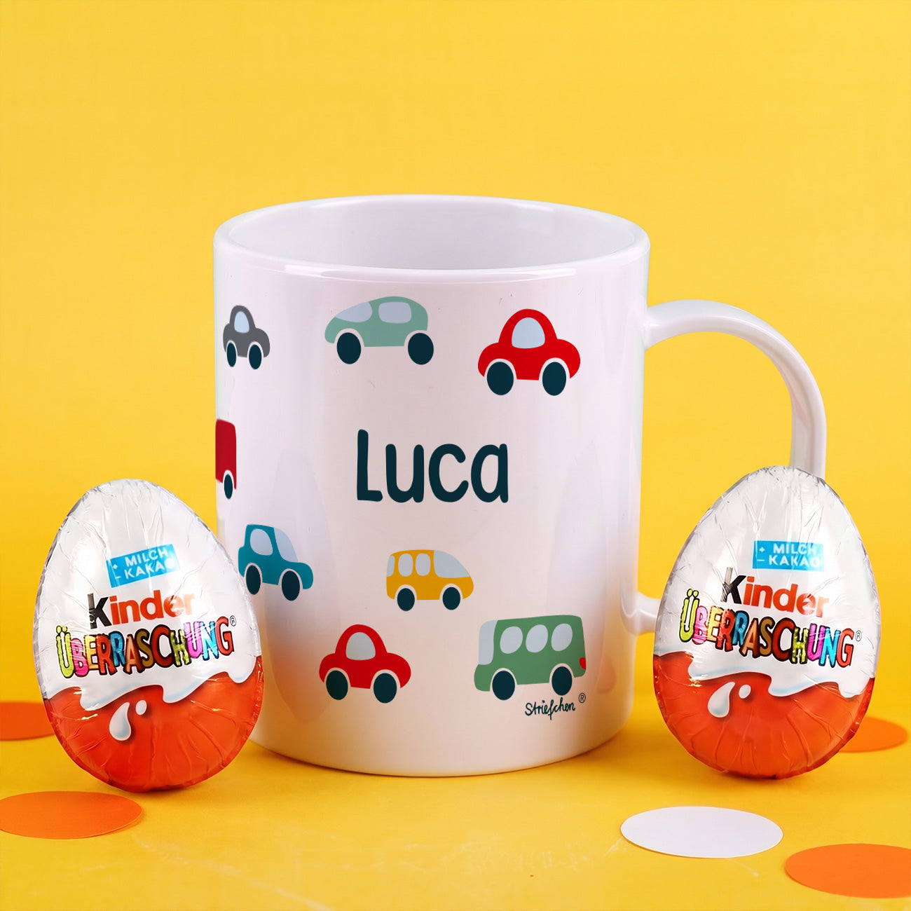 Leichte Kunststofftasse für Kinder mit Autos bedruckt