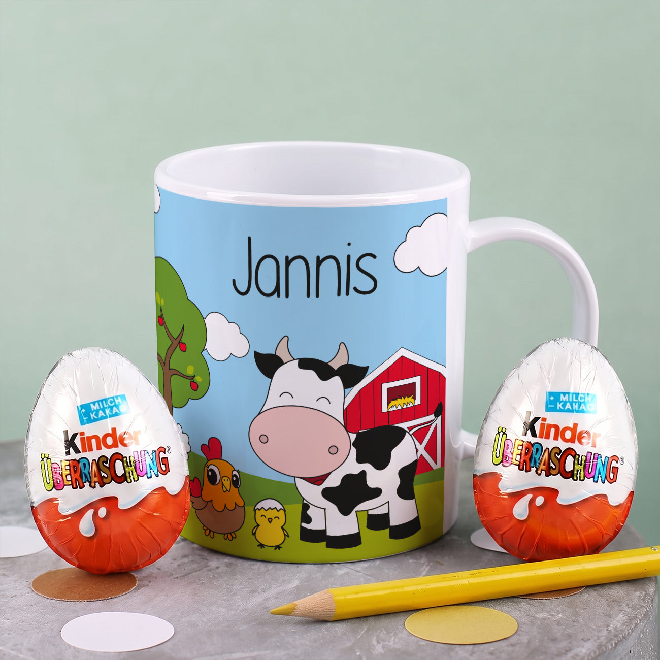 Kunststofftasse mit Bauernhoftieren und Ihrem Wunschnamen bedruckt | Tasse als Geschenk für Kinder