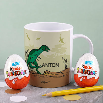 Schöne Kindertasse mit Dinosaurier und Namen des Kindes | Geschenk für Einschulung & Kinder