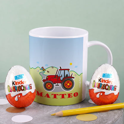 Kindertasse mit rotem Traktor und Wunschname | Geschenk für Kinder & Kindergarten