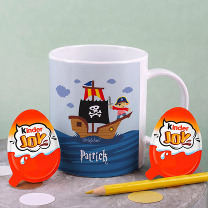 Tasse aus bruchfesten Kunststoff mit Piratenschiff und Name | Geschenk für Kinder & Einschulung