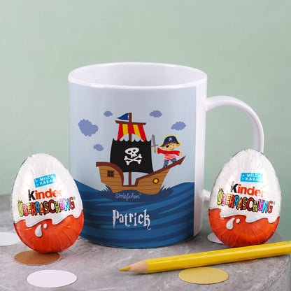 Tasse aus bruchfesten Kunststoff mit Piratenschiff und Name | Geschenk für Kinder & Einschulung