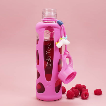 Glasflasche mit Silikonhülle, Einhorn Anhänger und Namensgravur