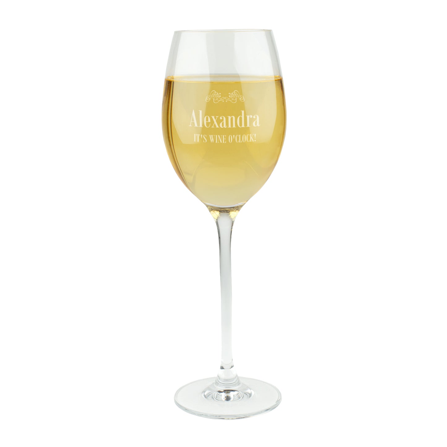 Freigestelltes Leonardo Weißweinglas mit Gravur Name Alexandra und Spruch It’s Wine O’Clock