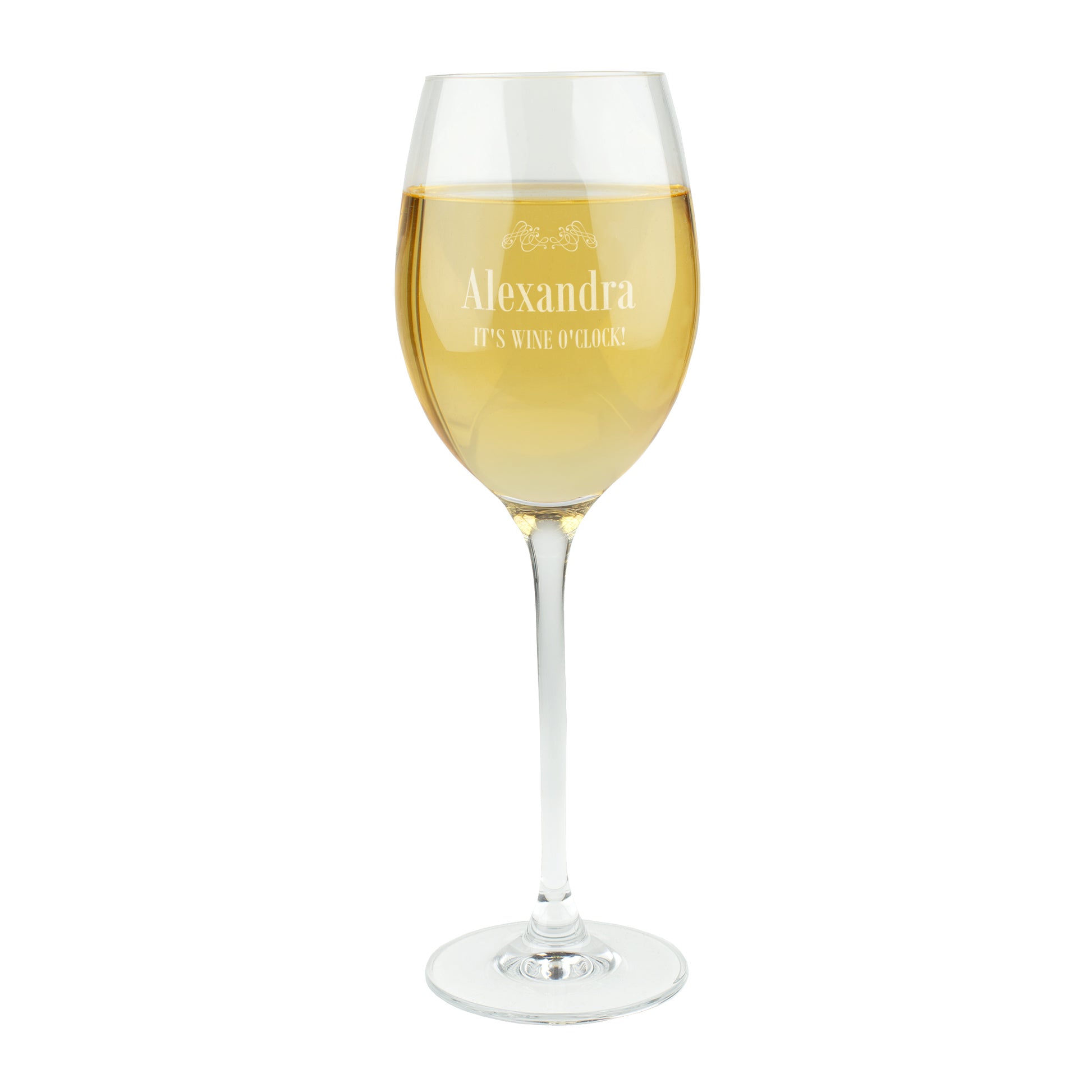 Freigestelltes Leonardo Weißweinglas mit Gravur Name Alexandra und Spruch It’s Wine O’Clock