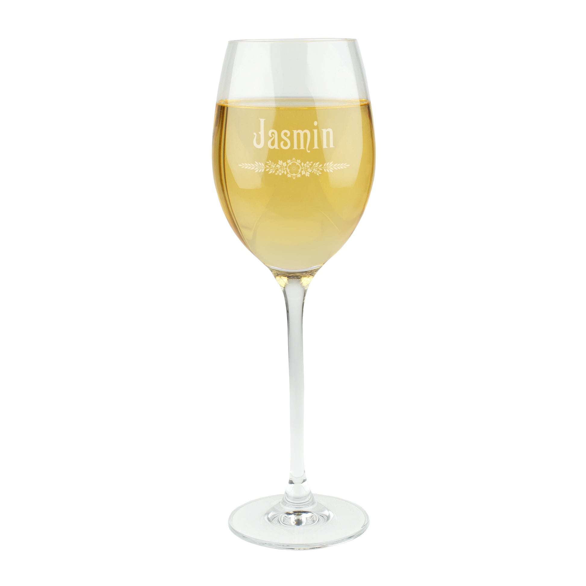 Freigestelltes Leonardo Weißweinglas mit Gravur Jasmin und Blätter-Ornament