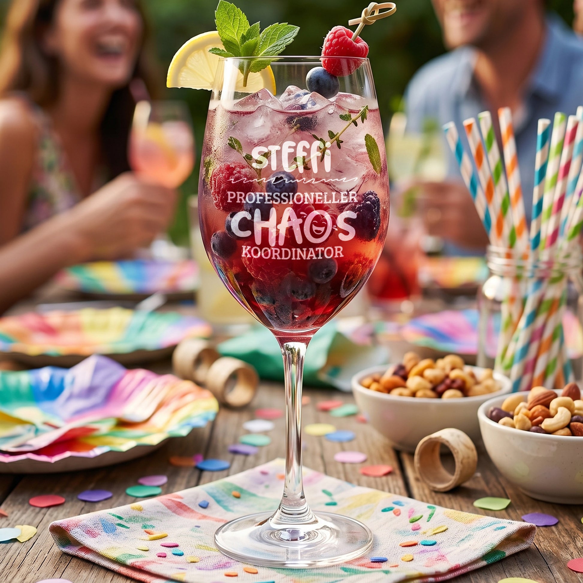 Personalisiertes Weinglas mit Name Steffi und Motiv Professioneller Chaos Koordinator mit Cocktail