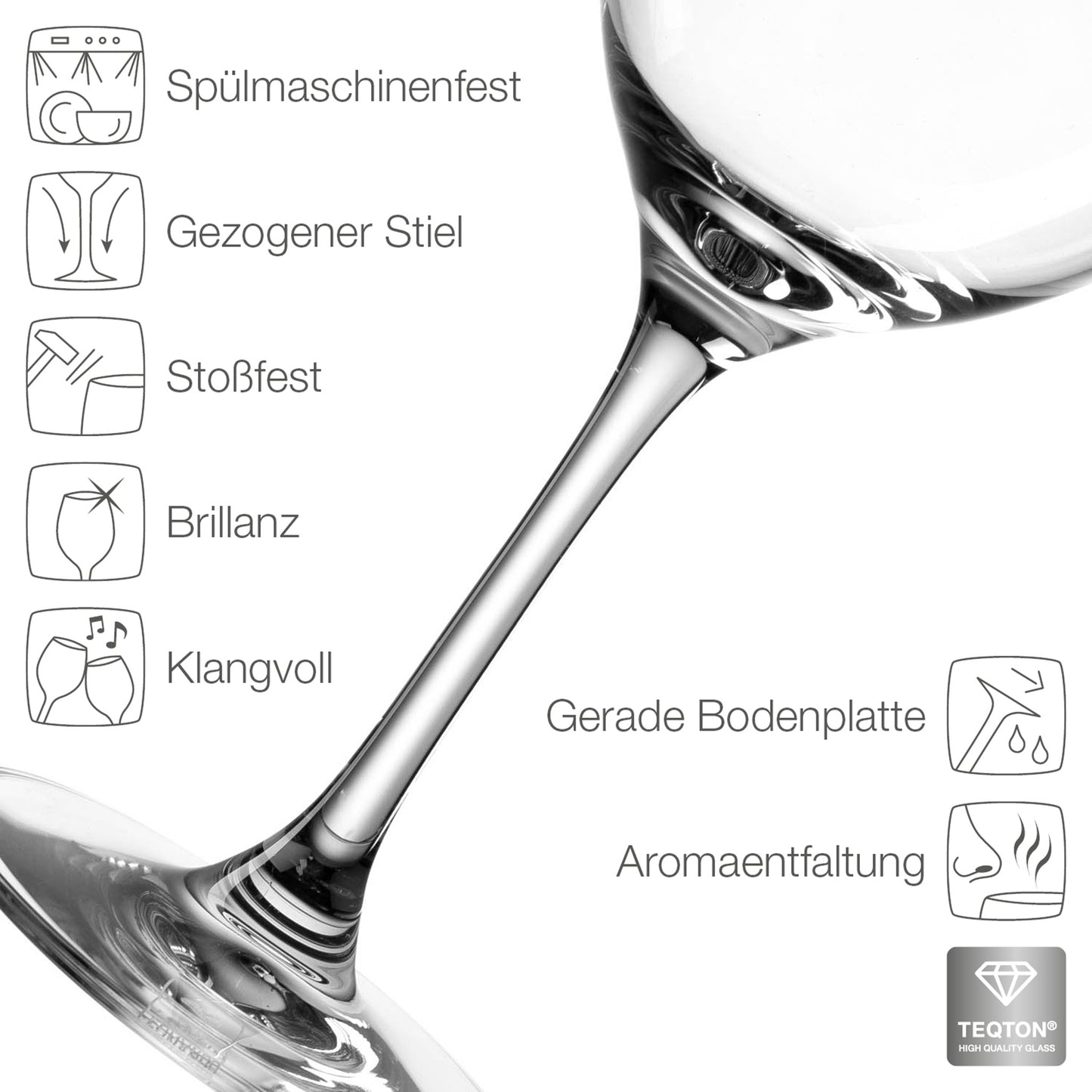 Leonardo Weinglas mit Übersicht zu Teqton Glas Eigenschaften wie spülmaschinenfest, stoßfest und brillant