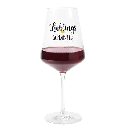 Transparentes Leonardo Weinglas mit Herzmotiv und Schriftzug „Lieblings Schwester“ auf weißem Hintergrund