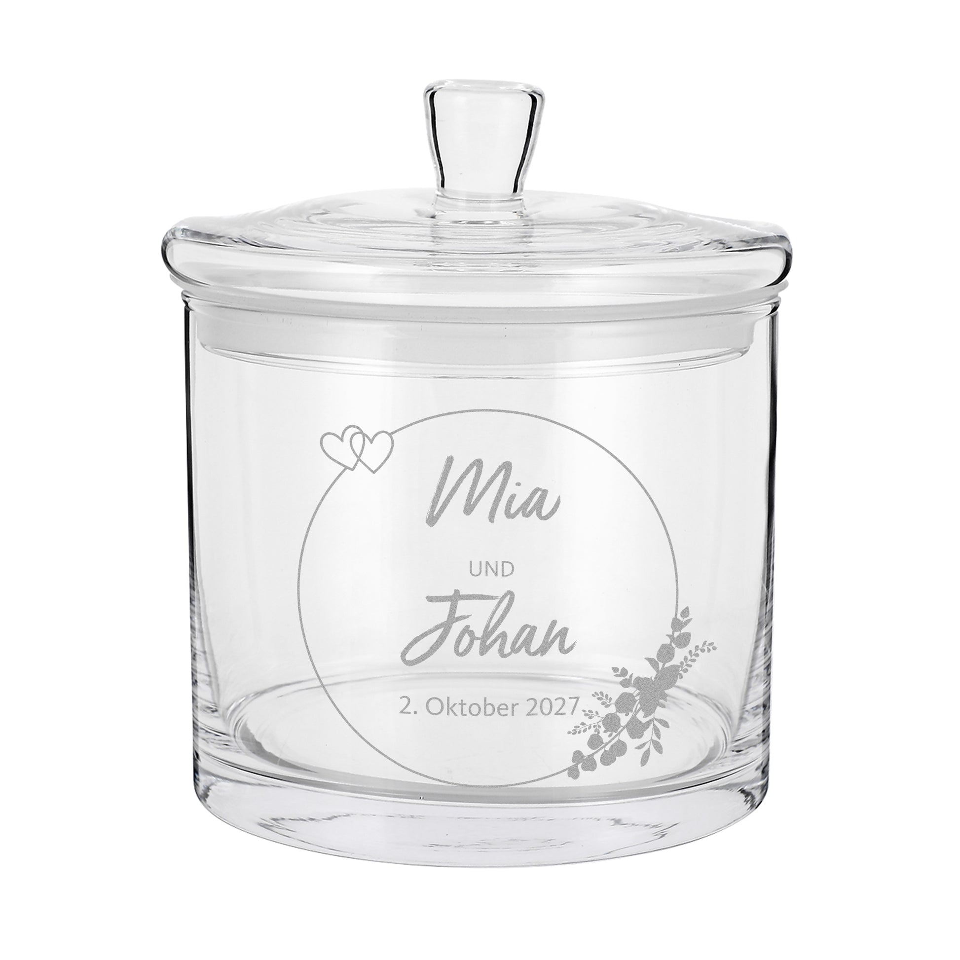 Leere Glasdose mit Gravur von Mia und Johan als personalisiertes Hochzeitsgeschenk