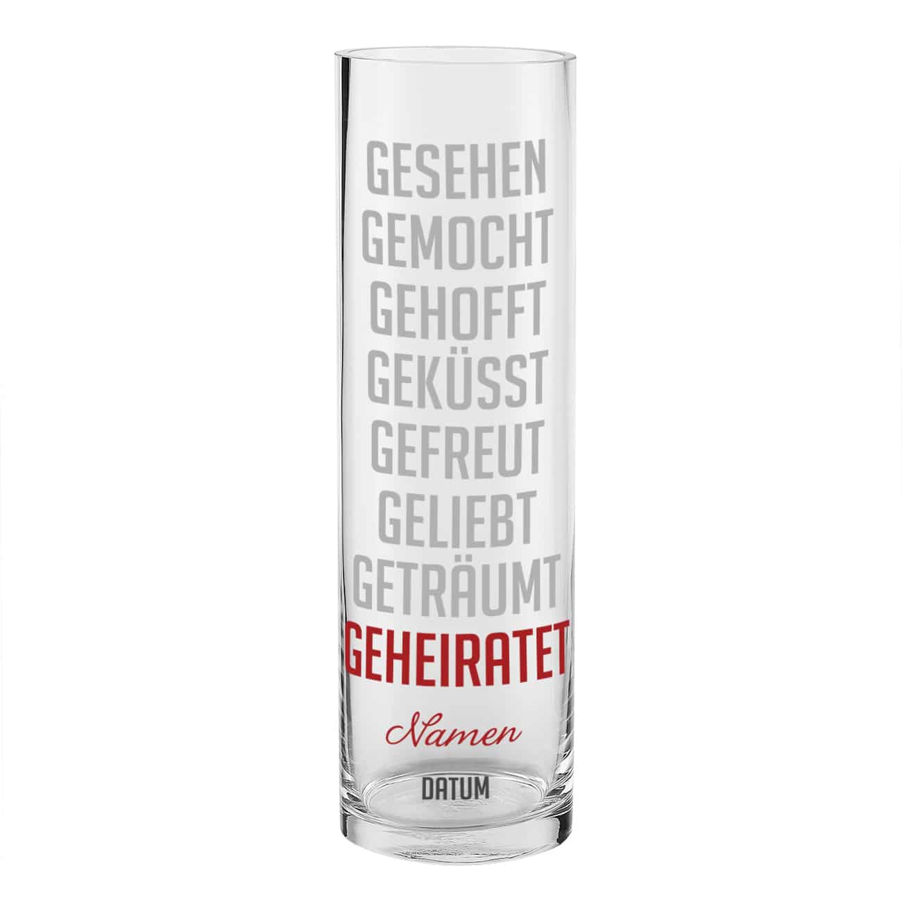 Vase mit Hochzeits-Motiv, Wunschname und Datum