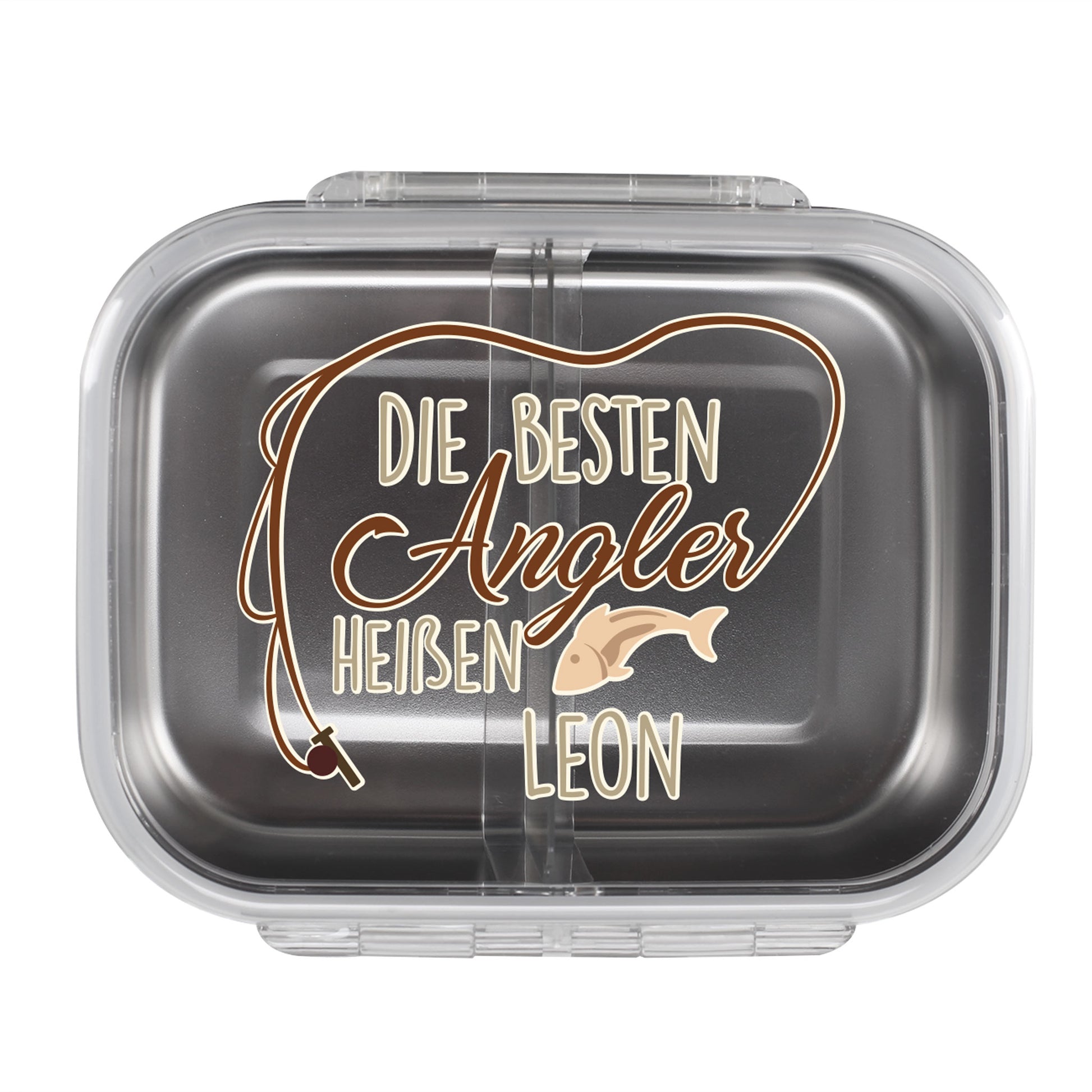 Draufsicht auf Brotdose mit Name Leon und Angler-Spruch