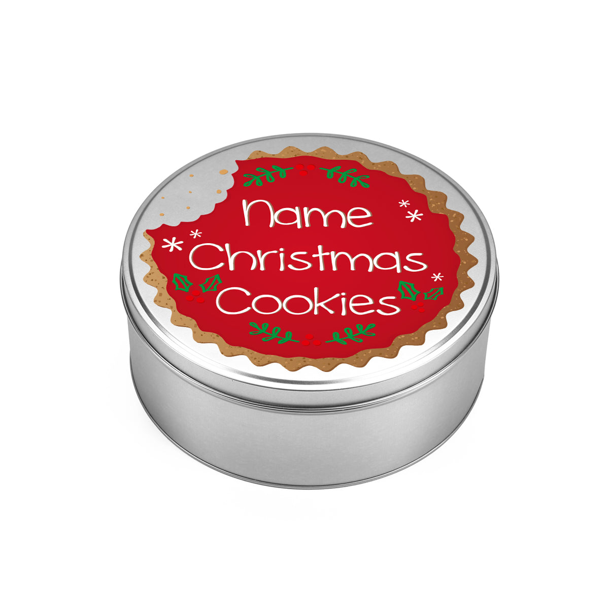 Keksdose zu Weihnachten mit Name personalisiert und Christmas Cookies Motiv auf silbernem Deckel