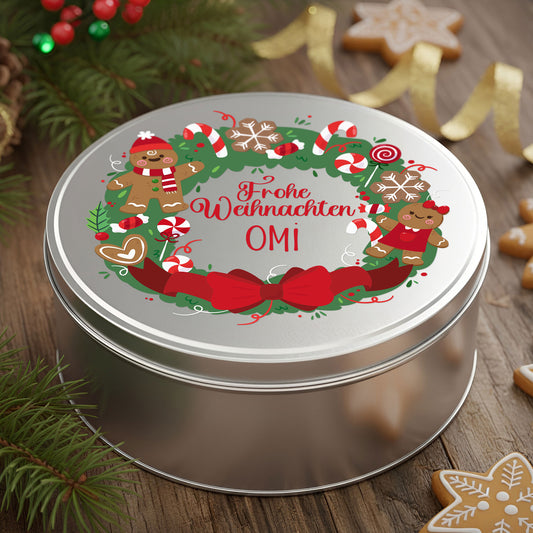Weihnachts Keksdose mit Name Omi und festlichem Lebkuchenkranz auf dem Deckel
