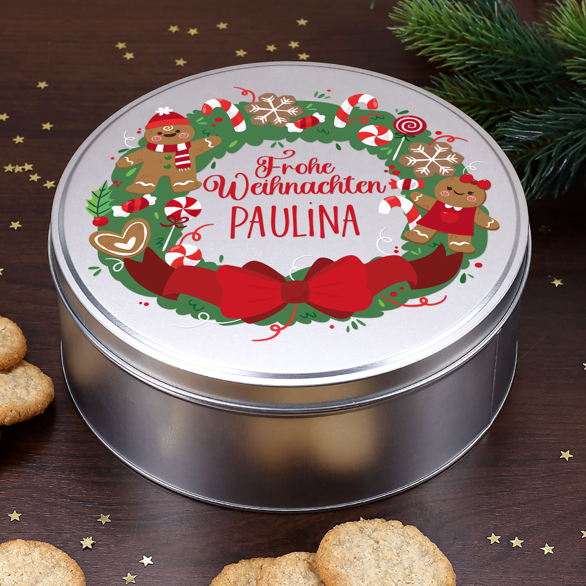 Runde Keksdose mit Name Paulina und Schriftzug Frohe Weihnachten als Weihnachtsgeschenk