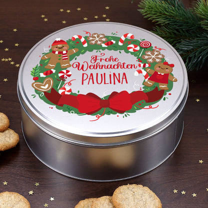 Runde Keksdose mit Name Paulina und Schriftzug Frohe Weihnachten als Weihnachtsgeschenk