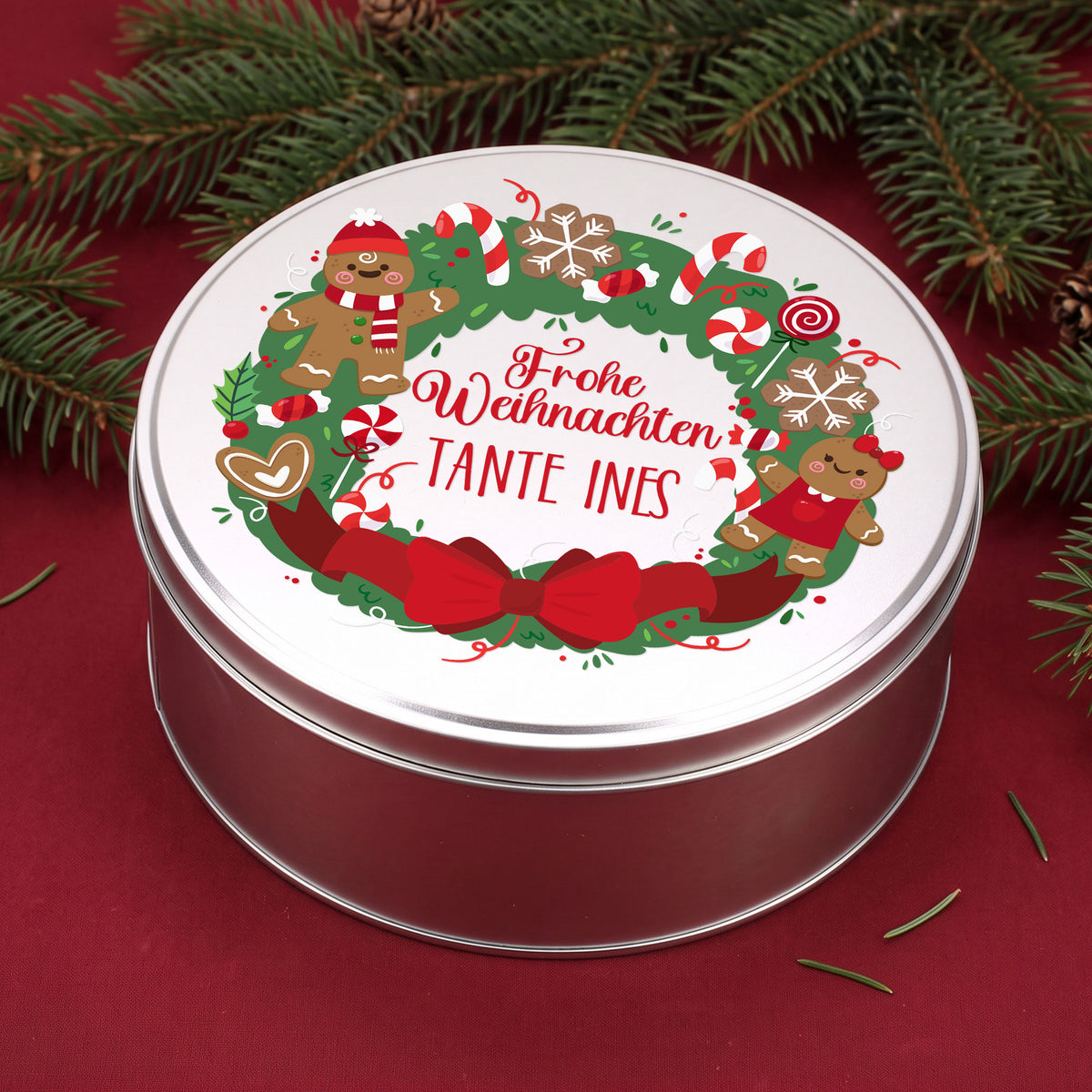 Personalisierte Weihnachts Keksdose mit Name Tante Ines und Lebkuchenfiguren