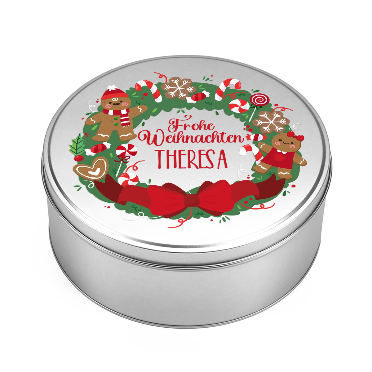 Personalisierte Keksdose mit Name Theresa und Frohe Weihnachten Motiv auf weißem Hintergrund