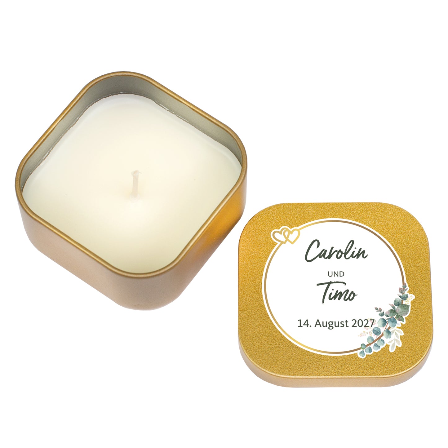 Goldene Mini-Duftkerze zur Hochzeit mit personalisiertem Deckel, Namen Carolin und Timo sowie Datum
