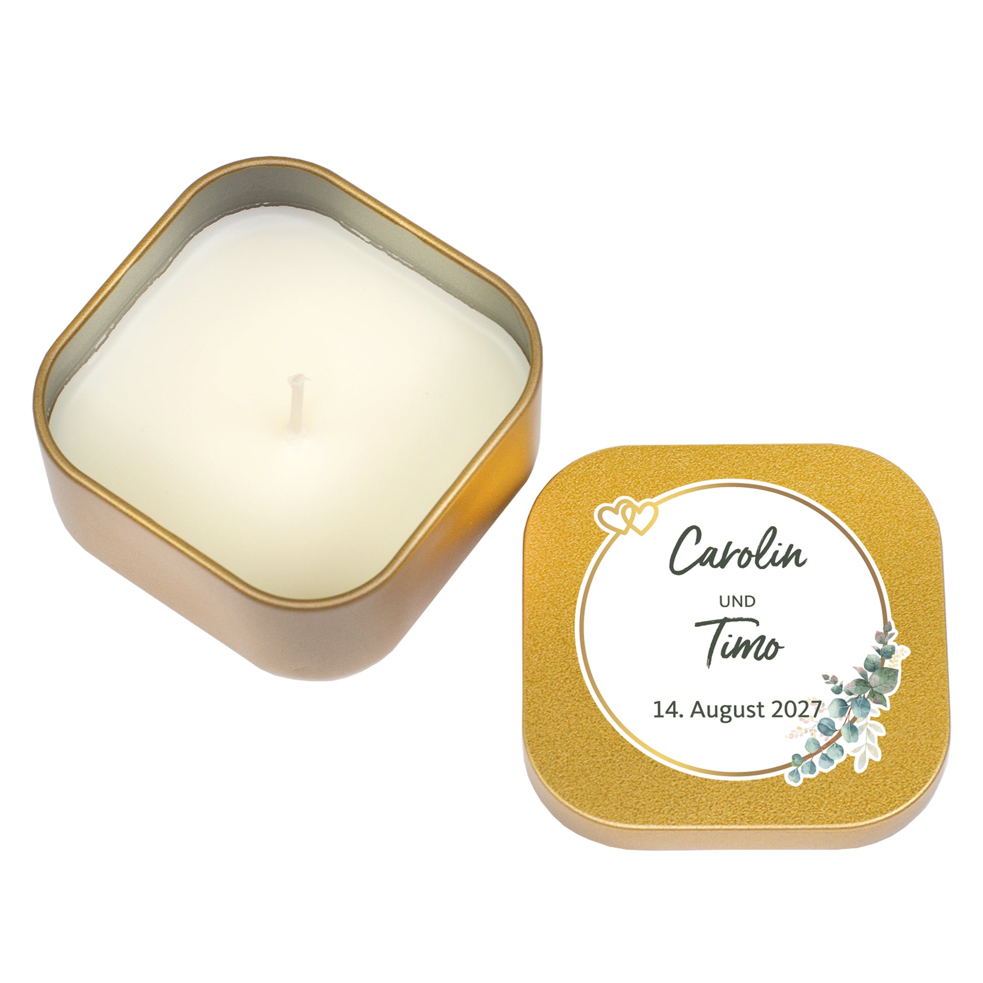Goldene Mini-Duftkerze zur Hochzeit mit personalisiertem Deckel, Namen Carolin und Timo sowie Datum