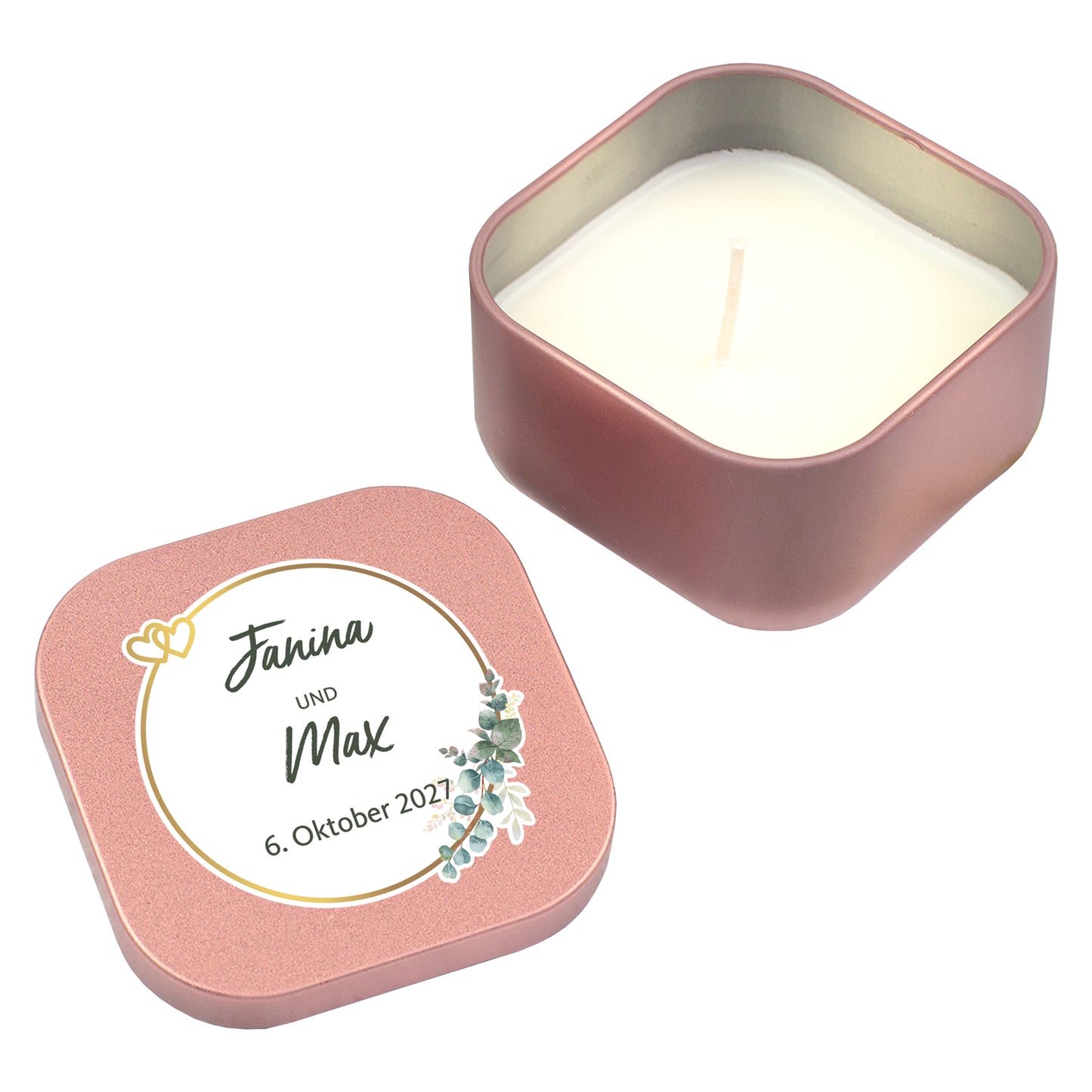 Roségoldene Mini-Kerze zur Hochzeit mit personalisiertem Deckel und Namen