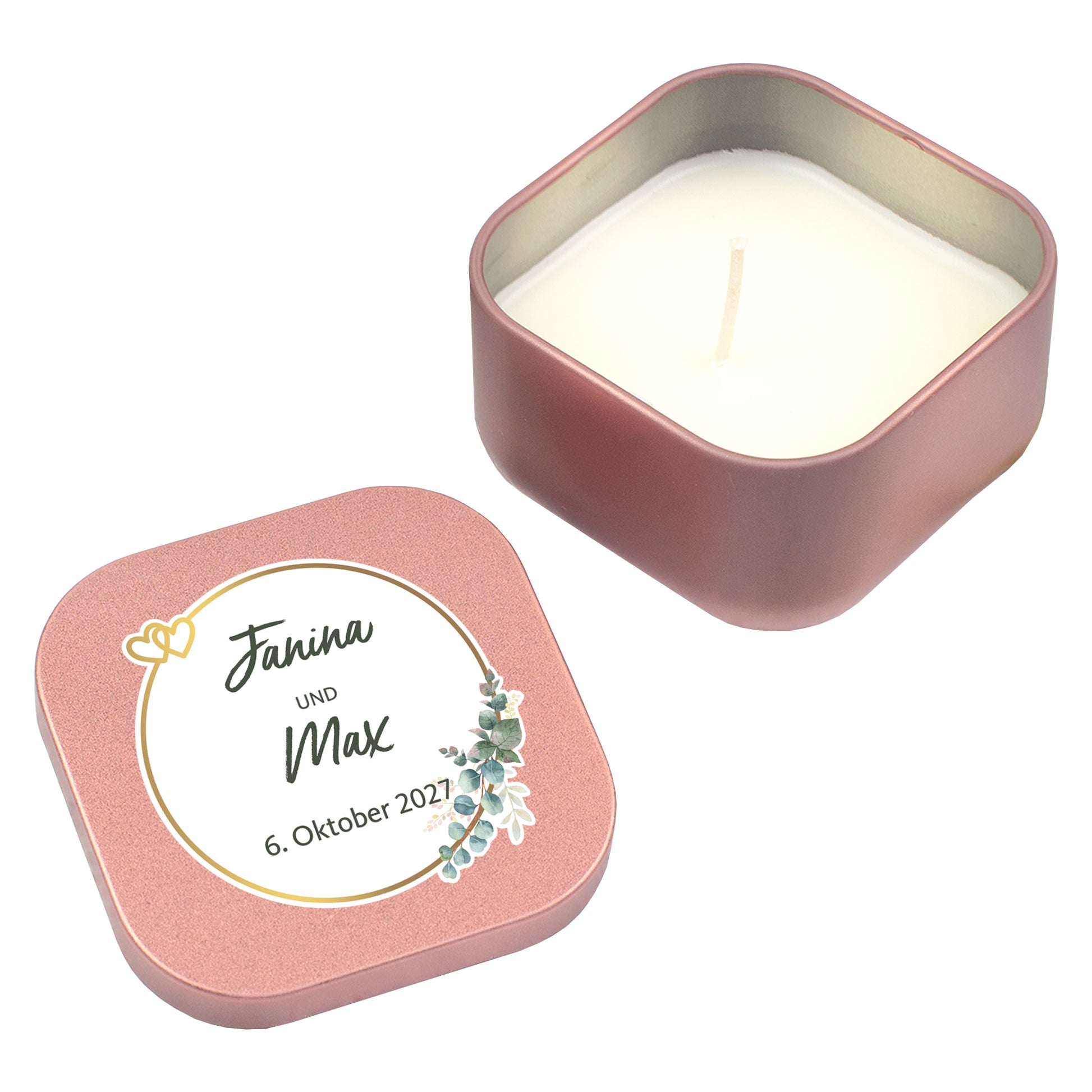 Roségoldene Mini-Kerze zur Hochzeit mit personalisiertem Deckel und Namen
