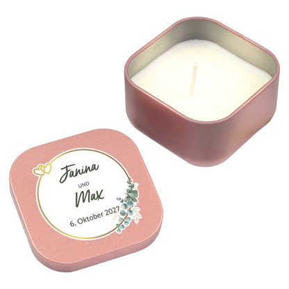 Roségoldene Mini-Kerze zur Hochzeit mit personalisiertem Deckel und Namen