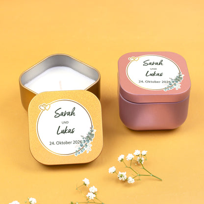 Personalisierte Hochzeitskerze in Gold und Roségold als Gastgeschenk mit Eukalyptus-Motiv