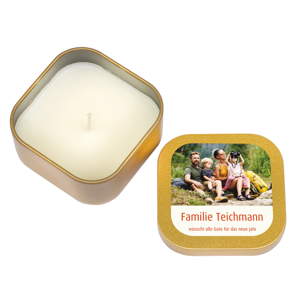Goldene Mini Duftkerze mit geöffnetem Behälter und Deckel mit Familienfoto und Wunschtext zum neuen Jahr