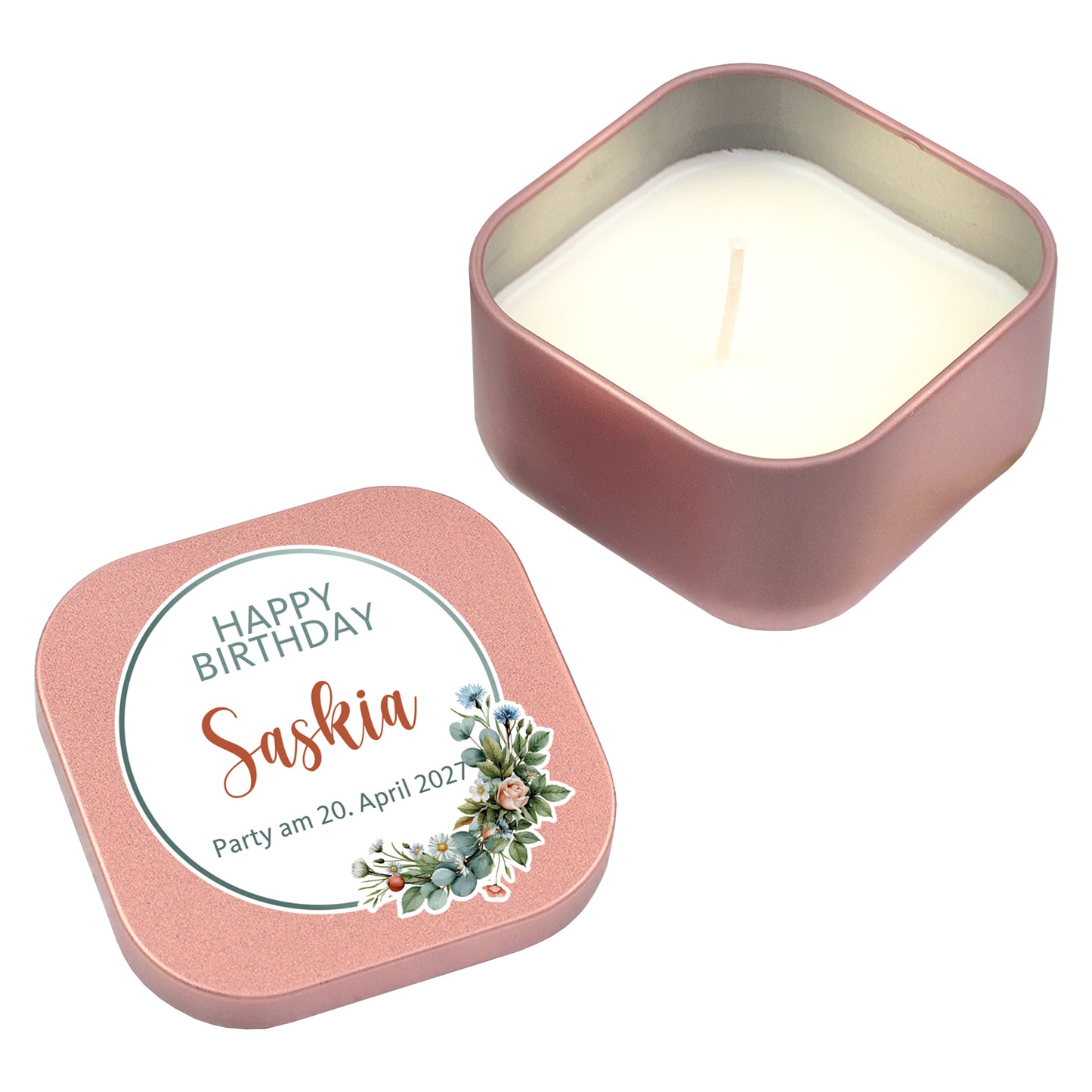 Freigestellte Mini Duftkerze in Roségold mit Happy-Birthday-Motiv, Name Saskia und Wunschtext
