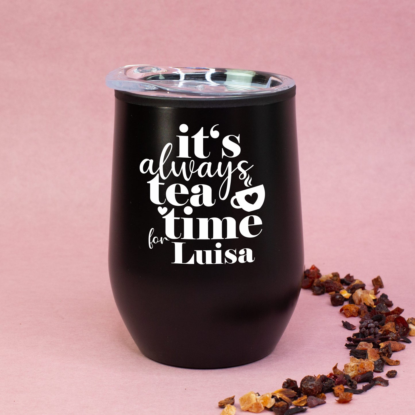 Variante: Schwarzer Thermobecher „Tea Time“ mit weißem Aufdruck und personalisiertem Namen, doppelwandiger Becher mit Deckel