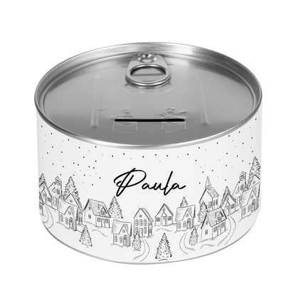 Spardose mit winterlichem Motiv und Name personalisiert