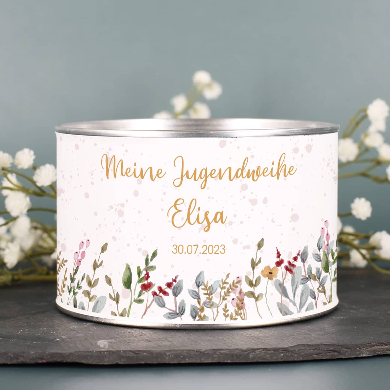 Personalisierte Spardose mit Wildblumenmotiv zur Jugendweihe