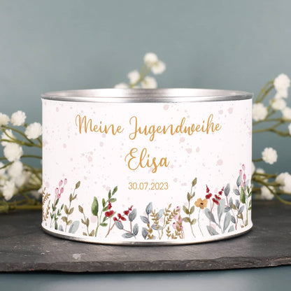 Personalisierte Spardose mit Wildblumenmotiv zur Jugendweihe
