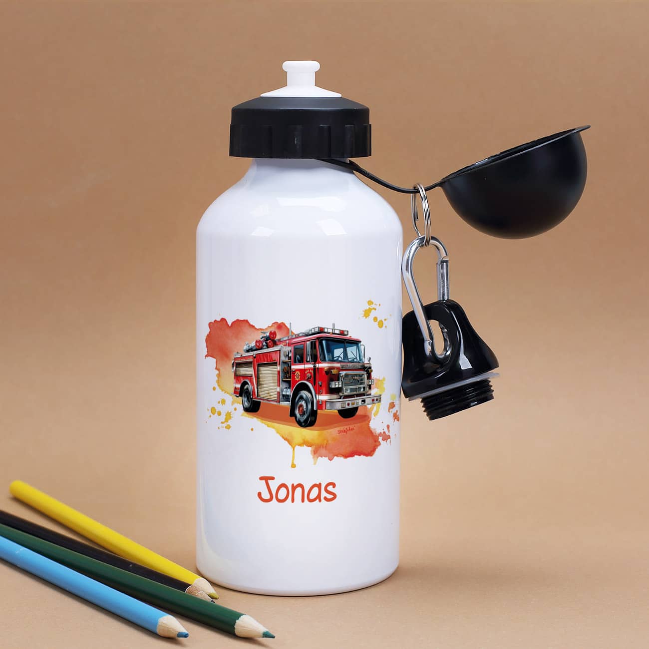Aluminium-Trinkflasche mit Feuerwehr-Motiv und Name
