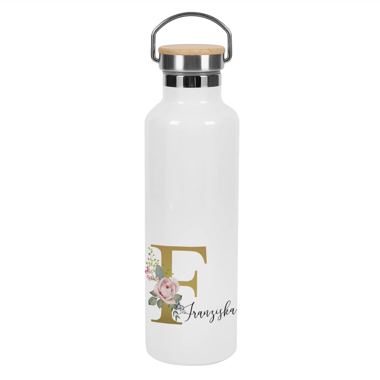 Weiße Thermosflasche mit Monogramm