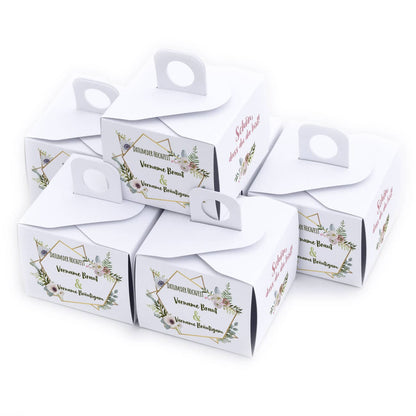 Verpackung für Gastgeschenke Hochzeit mit Namen, Datum und Blüten bedruckt