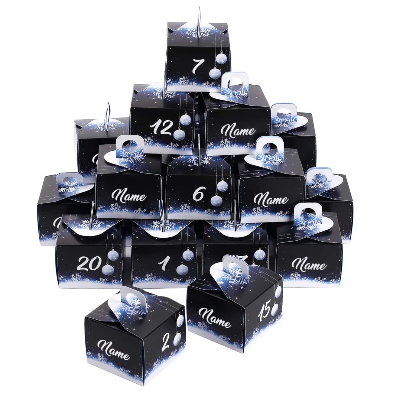 DIY-Adventskalender mit weihnachtlichem Motiv in blau und Wunschname