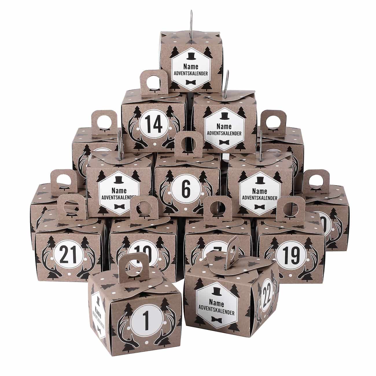 DIY-Adventskalender aus 24 Schachteln für Männer mit Wunschname bedruckt