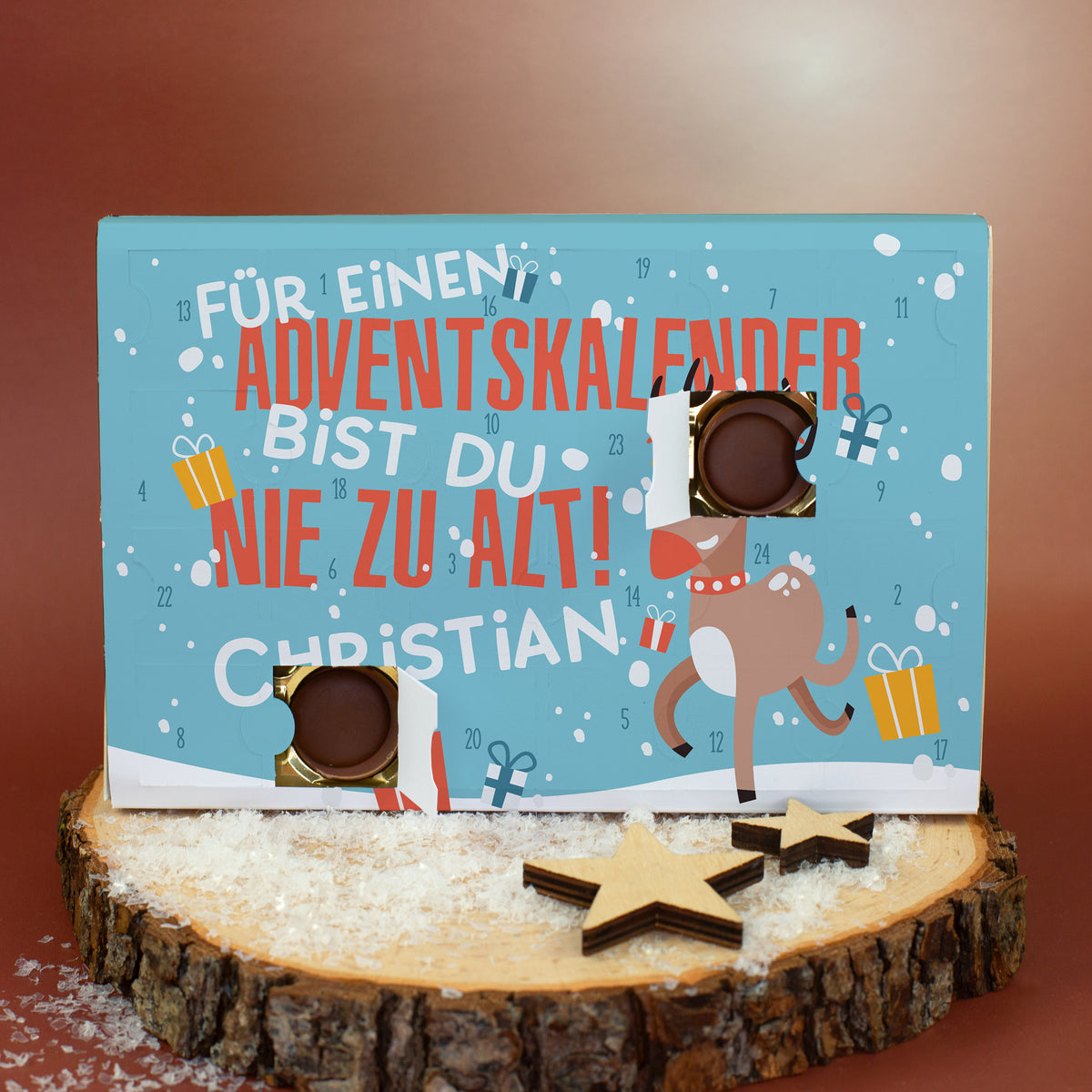 Toffifee Adventskalender mit geöffneten Türchen, Name Christian und 24 süßen Überraschungen