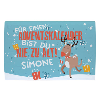 Toffifee Adventskalender mit Wunschname, Rentier Motiv und Spruch auf weißem Hintergrund