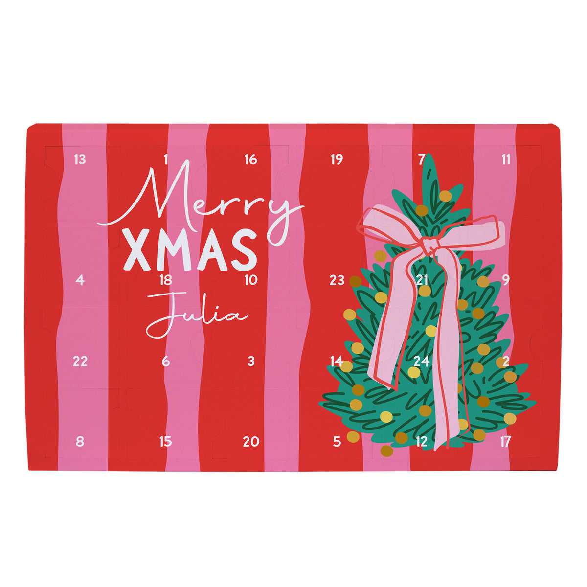 Toffifee Adventskalender mit Name auf weißem Hintergrund und Merry Xmas Weihnachtsbaum Motiv