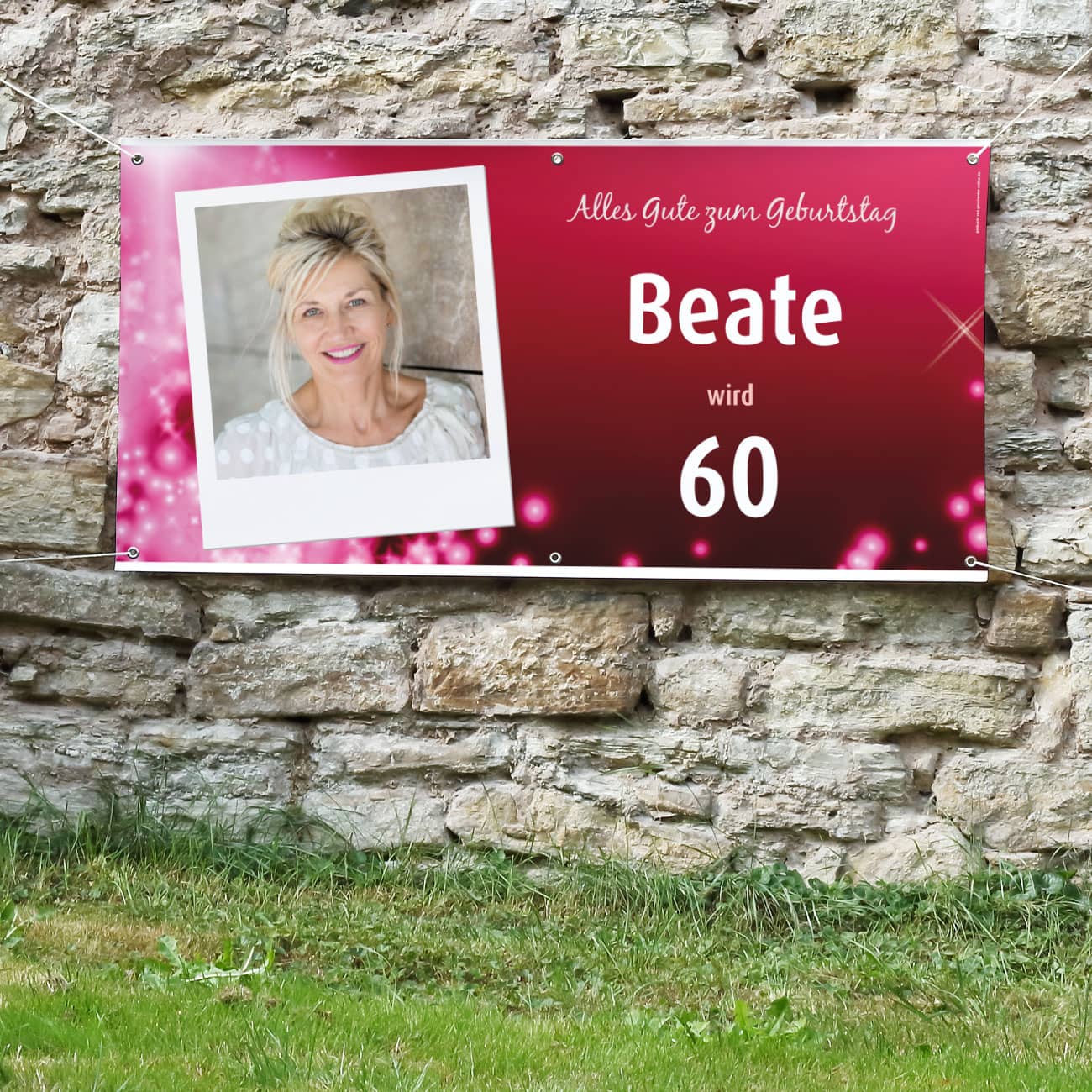Pinkes Polaroid-Fotobanner zum Geburtstag mit Ihren Wunschangaben