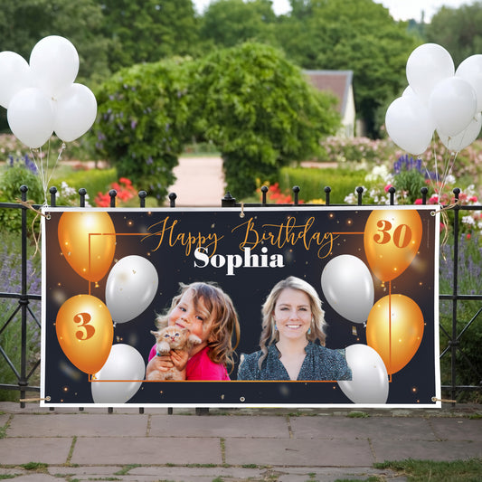 Personalisiertes XXL Geburtstagsbanner mit Foto, Name und Alter am Gartenzaun