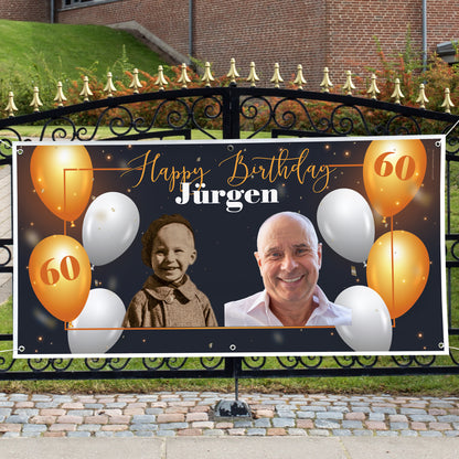 XXL Geburtstagsbanner mit Foto, Name und Alter am Gartentor befestigt