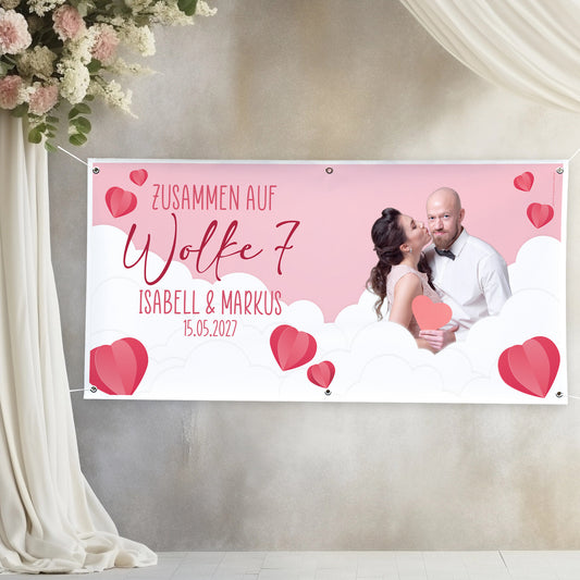 Personalisiertes XXL Banner zur Hochzeit 'Wolke 7' mit Foto, Namen & Datum | Hochzeitsbanner 1,6m