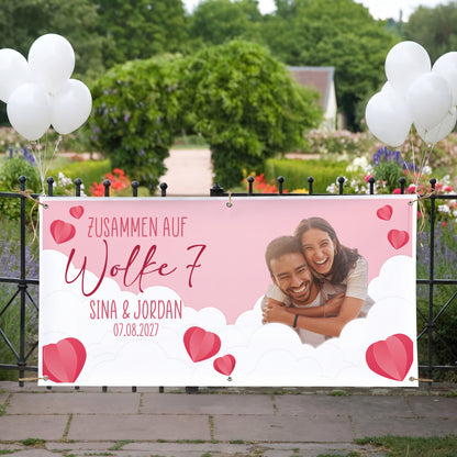 Personalisiertes XXL Banner zur Hochzeit 'Wolke 7' mit Foto, Namen & Datum | Hochzeitsbanner 1,6m