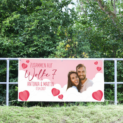 Personalisiertes XXL Banner zur Hochzeit 'Wolke 7' mit Foto, Namen & Datum | Hochzeitsbanner 1,6m
